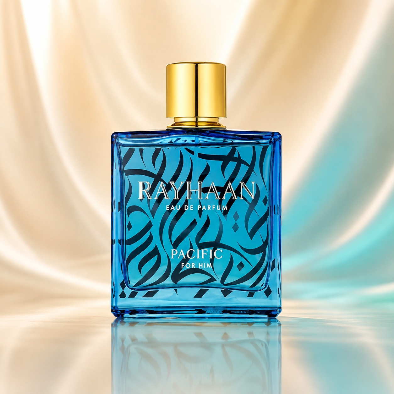 Sticlă parfum Rayhaan Pacific Men 100 ml albastru acvatic cu model decorativ negru și capac auriu