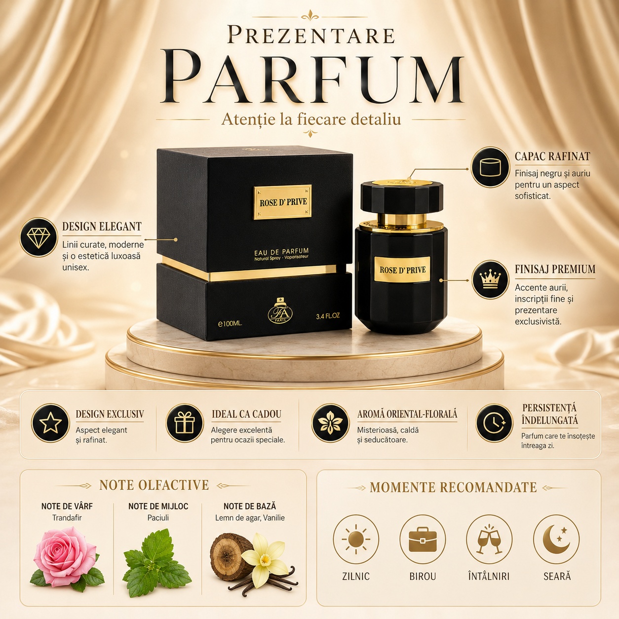 Prezentare parfum Rose D Prive Fragrance World cu detalii despre design, note olfactive și momente recomandate