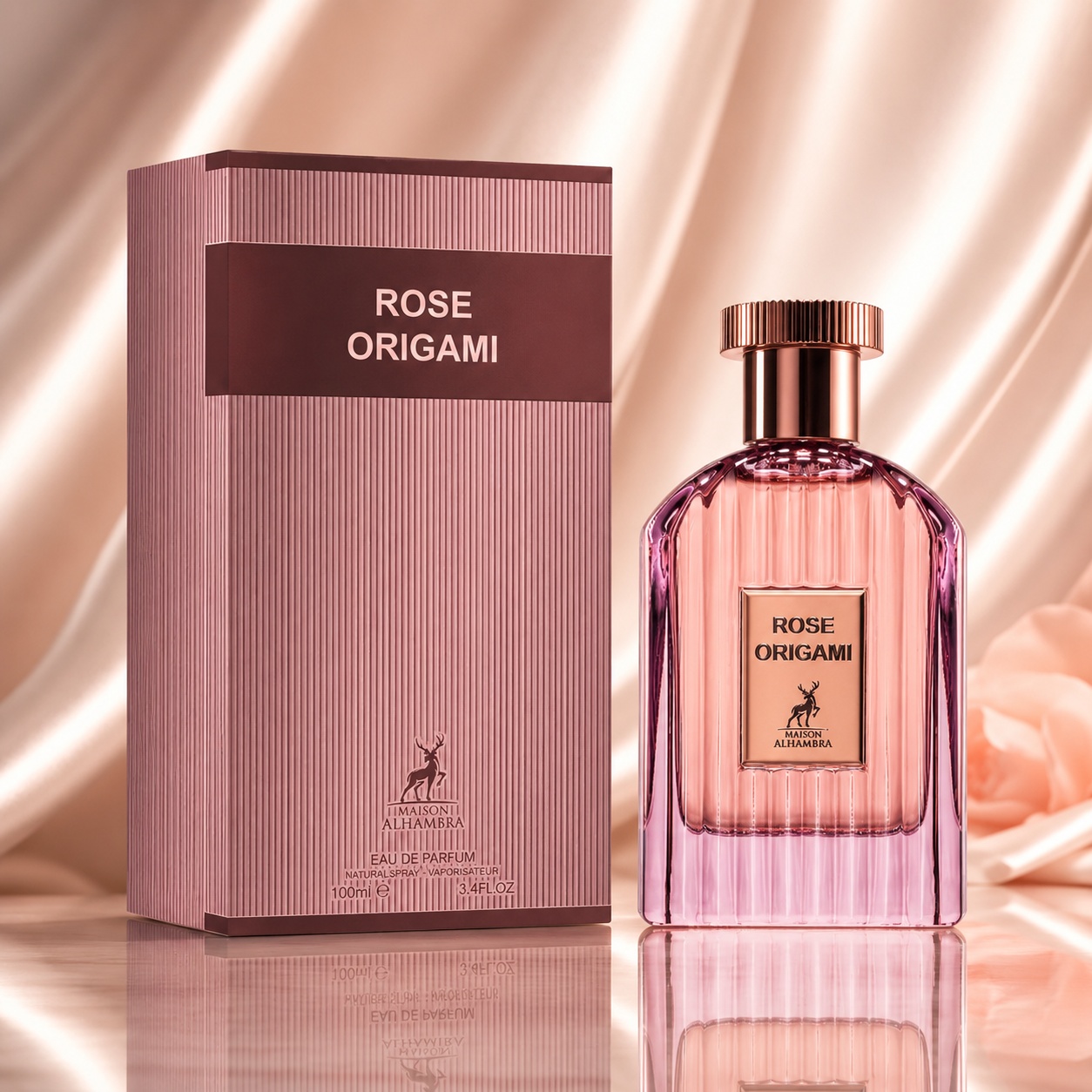 Parfum Arăbesc Rose Origami Maison Alhambra EDP 100 ml Damă cu flacon roz rose gold și cutie premium