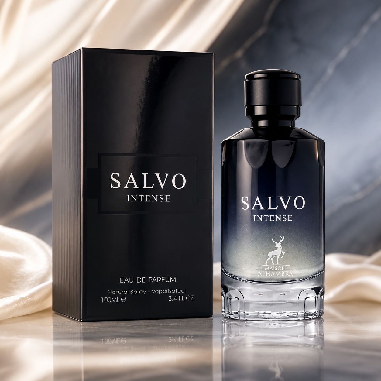 Parfum Arăbesc Salvo Intense Maison Alhambra EDP 100 ml Bărbat cu flacon negru fumuriu și cutie premium