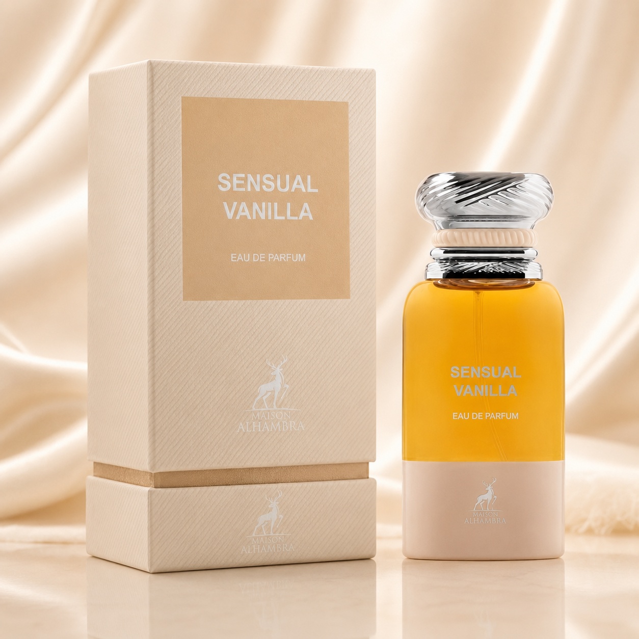 Parfum Arăbesc Sensual Vanilla Maison Alhambra EDP 80 ml Unisex cu flacon auriu vanilat, capac argintiu sculptural și cutie crem premium