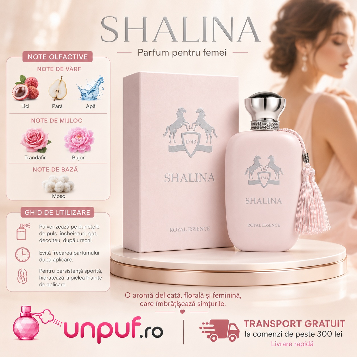 Shalina Royal Essence note olfactive și ghid de utilizare parfum de damă cu lici trandafir bujor și mosc