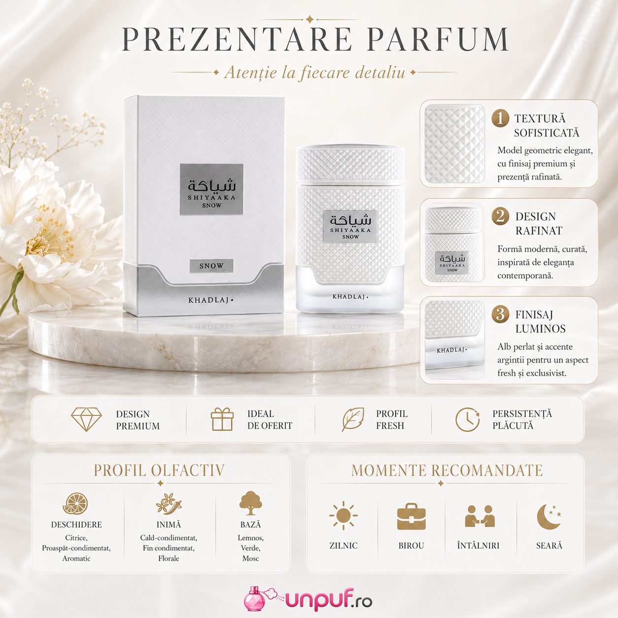 Prezentare parfum Shiyaaka Snow Khadlaj cu flacon alb, cutie premium, profil olfactiv și momente recomandate