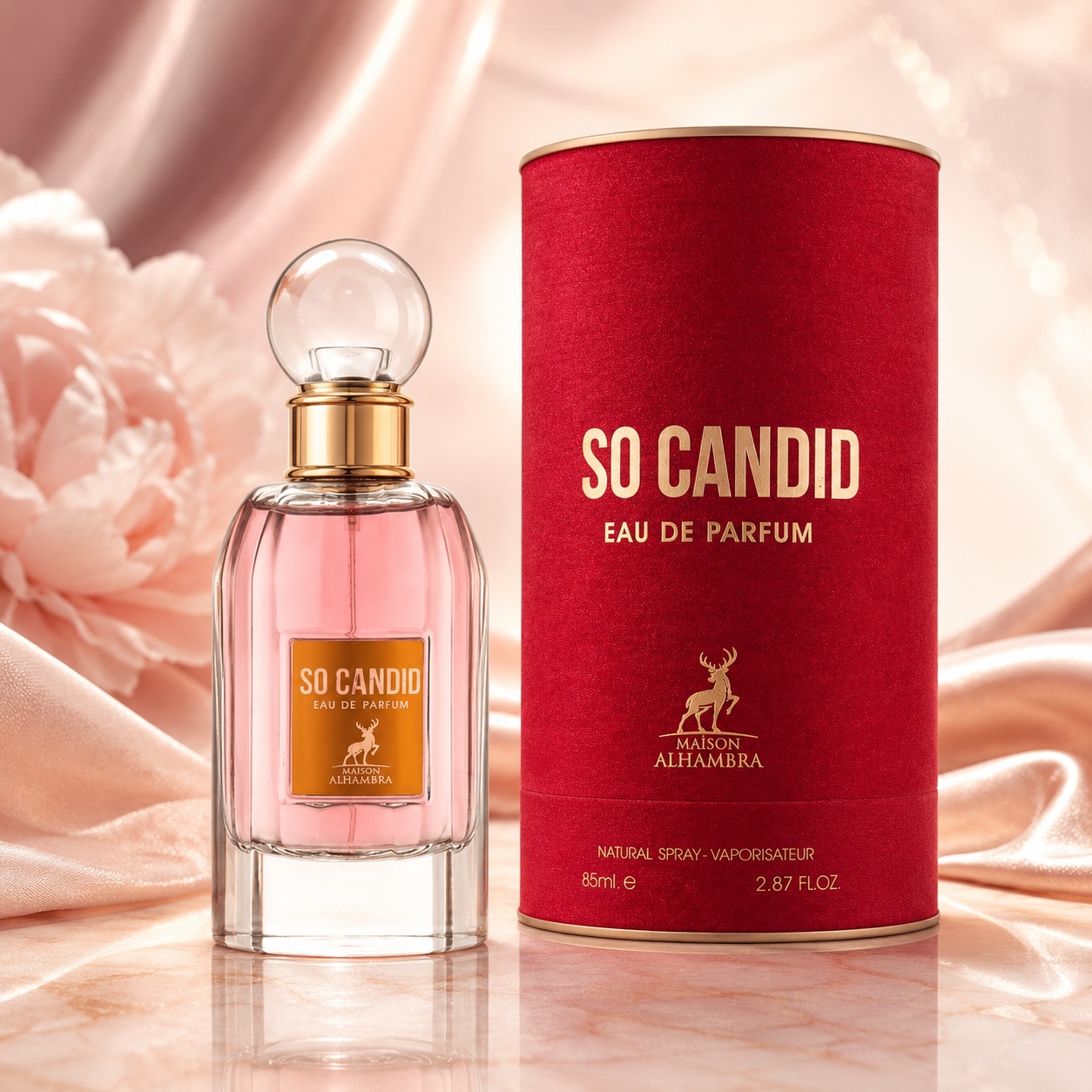Parfum Arăbesc So Candid Maison Alhambra EDP 85 ml Damă cu flacon roz, capac auriu transparent și cutie roșie premium