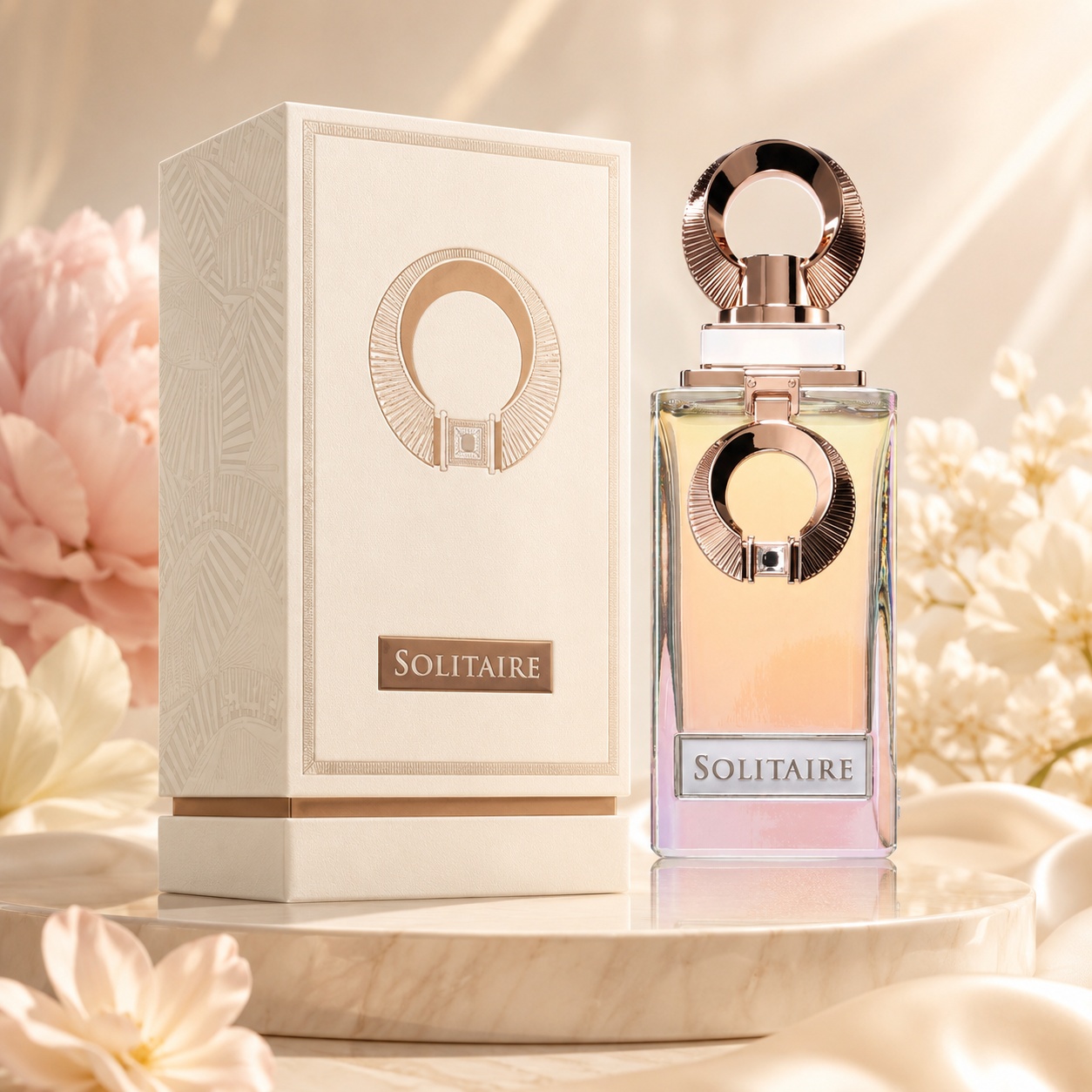 Parfum Arăbesc Solitaire French Avenue Extrait de Parfum 100 ml Unisex cu flacon rose gold, lichid roz piersică și cutie crem premium