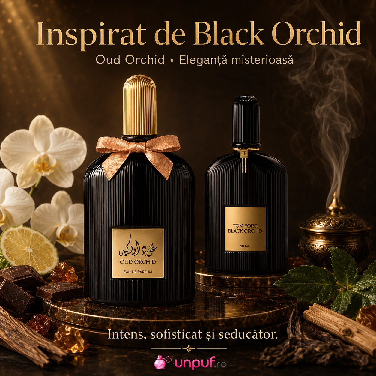 Suroori Oud Orchid parfum inspirat de Black Orchid, intens, sofisticat și seducător