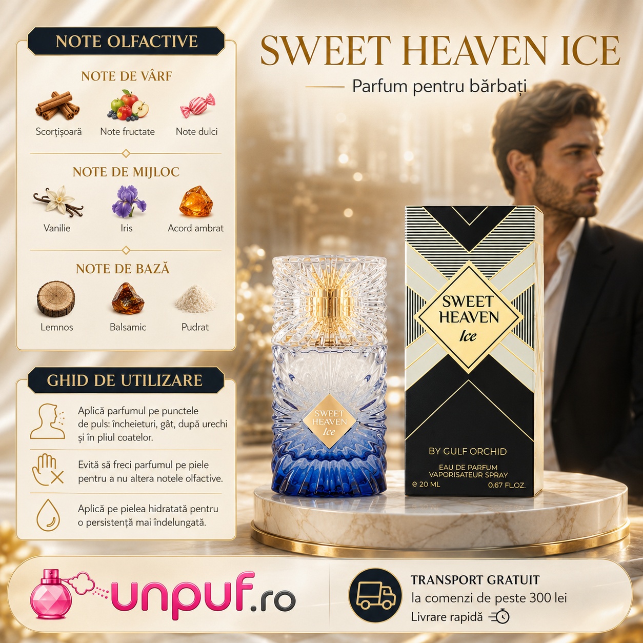 Sweet Heaven Ice Gulf Orchid note olfactive și ghid de utilizare cu scorțișoară, vanilie, iris, ambră, lemn și note pudrate