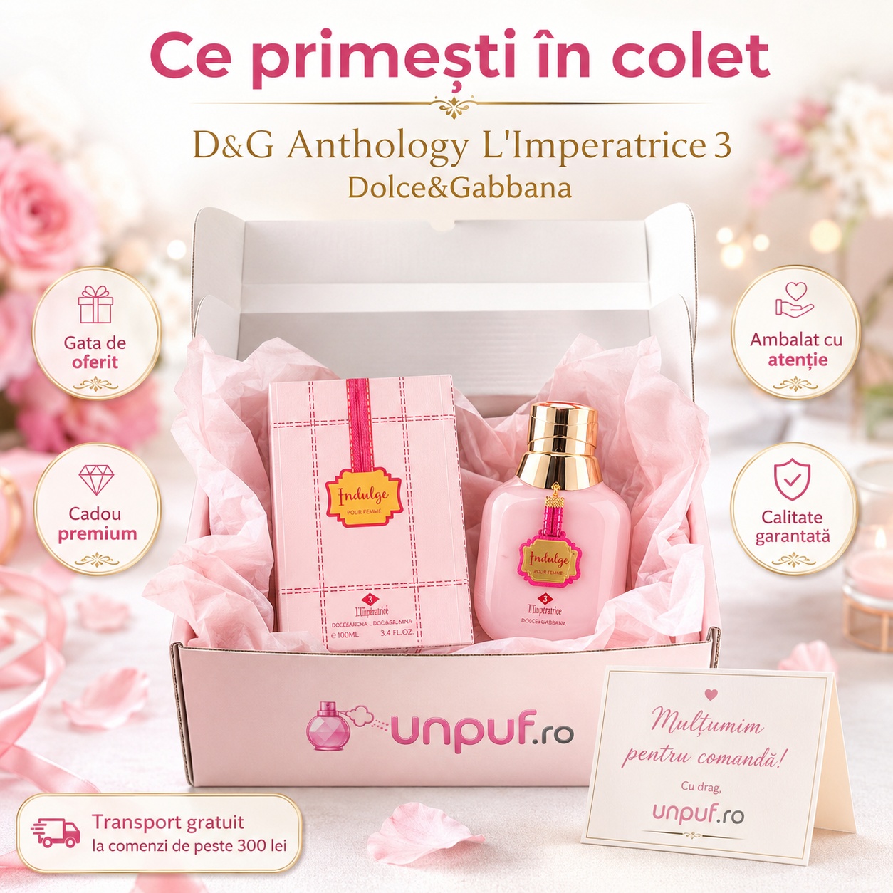 Ce primești în colet Tad Angel Indulge Femme 100 ml, parfum original ambalat cu atenție și cadou premium