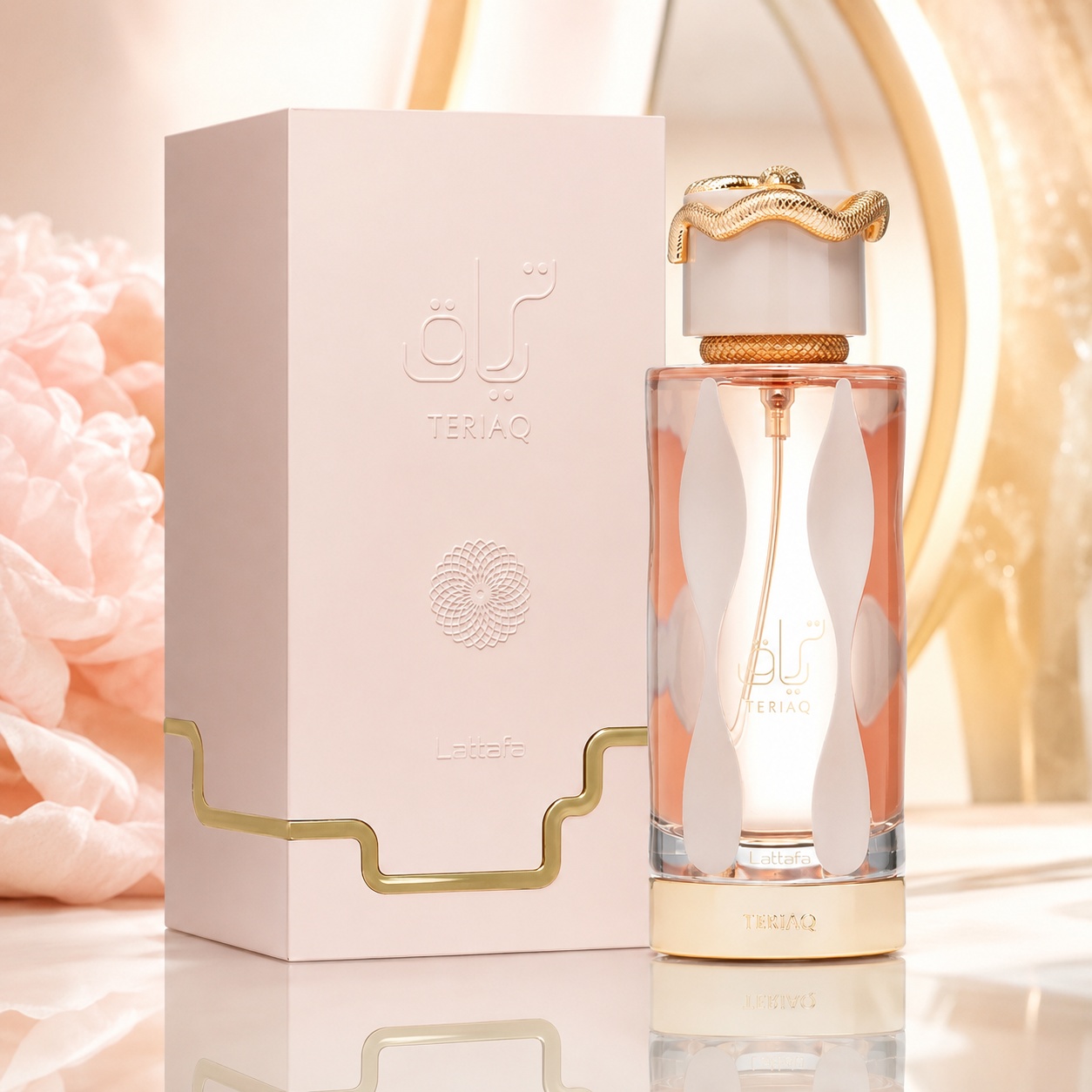 Parfum Arăbesc Teriaq Lattafa EDP 100 ml Unisex cu flacon roz piersică, capac auriu și cutie roz pudrat premium