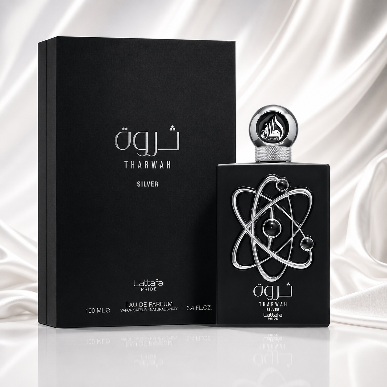 Parfum Arăbesc Tharwah Silver Lattafa Pride EDP 100 ml Bărbat cu flacon negru mat, detalii argintii cromate și cutie premium