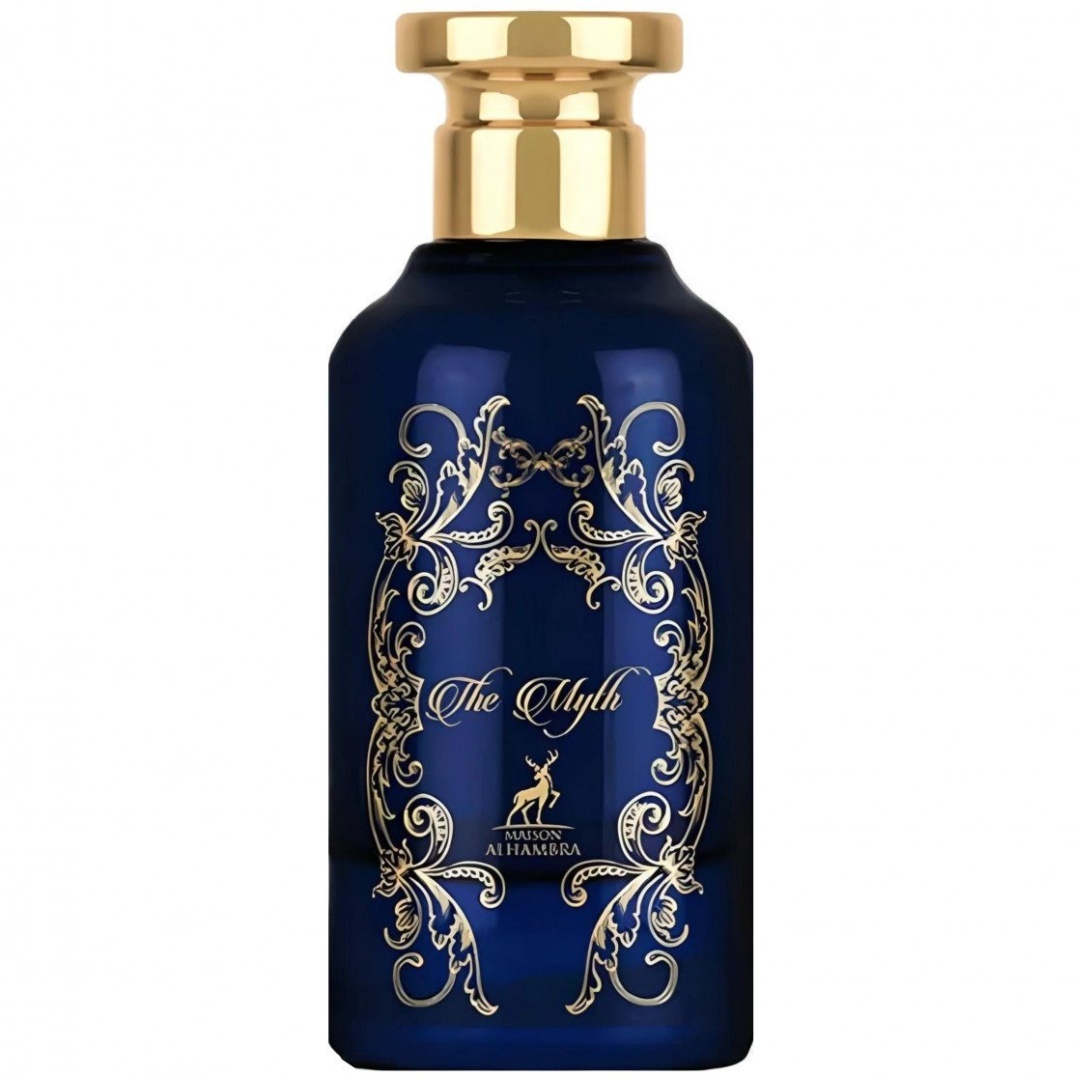 Flacon The Myth Maison Alhambra 100 ml albastru regal cu capac auriu și ornamentație florală
