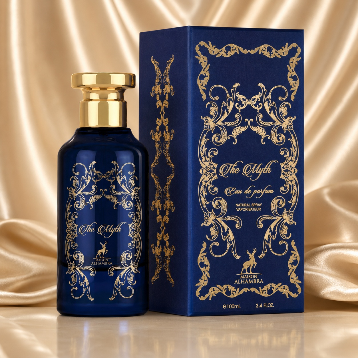 Parfum Arăbesc The Myth Maison Alhambra EDP 100 ml Unisex cu flacon albastru regal, capac auriu și cutie premium decorată