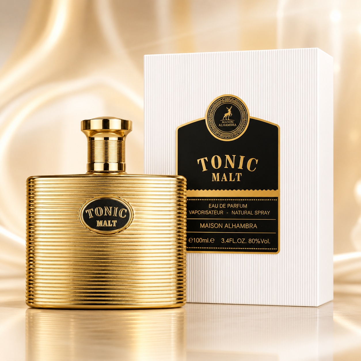 Parfum Arăbesc Tonic Malt Maison Alhambra EDP 100 ml Bărbat cu flacon auriu striat, cutie albă premium și etichetă neagră elegantă