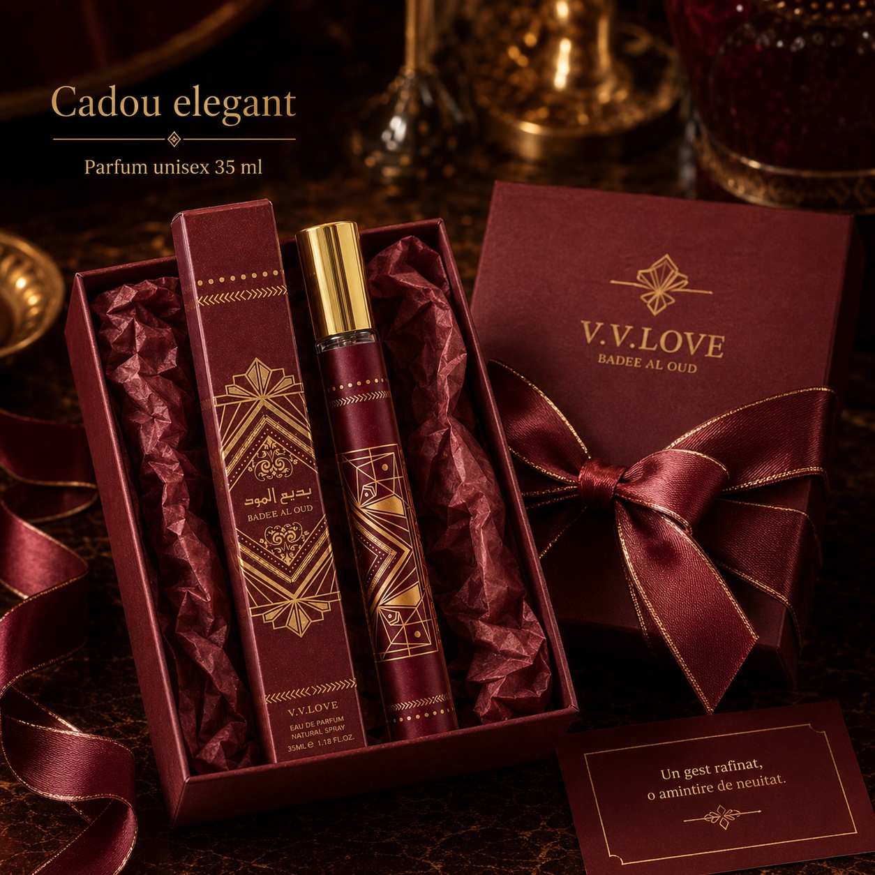 Parfum Badee Al Oud 35 ml cadou elegant unisex cu ambalaj burgundy și fundă satinată