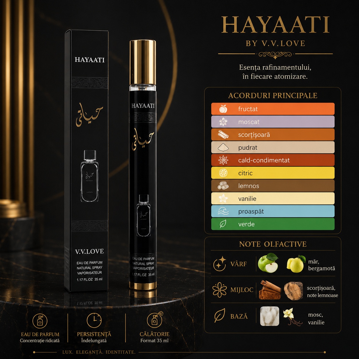 Note olfactive parfum Hayaati măr bergamotă scorțișoară note lemnoase mosc vanilie