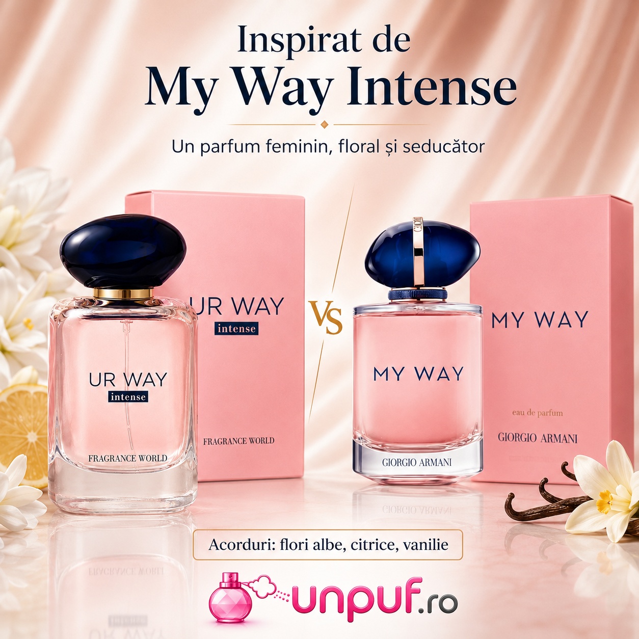 UR Way Intense Fragrance World inspirat din My Way Intense Giorgio Armani, parfum floral feminin și seducător