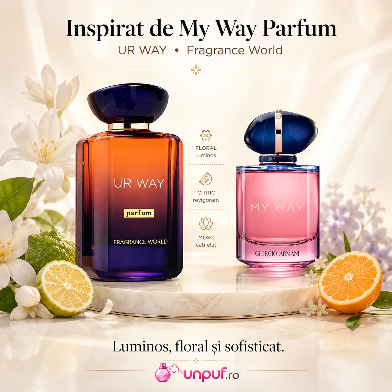 UR Way Parfum Fragrance World inspirat din My Way Parfum Giorgio Armani, parfum floral luminos și sofisticat