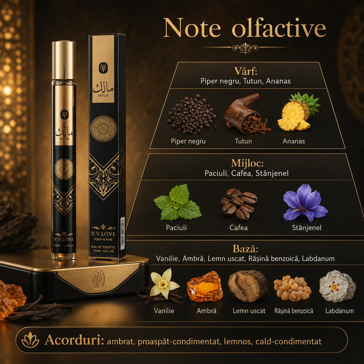 Note olfactive parfum Malik piper negru tutun ananas cafea vanilie ambră lemn uscat
