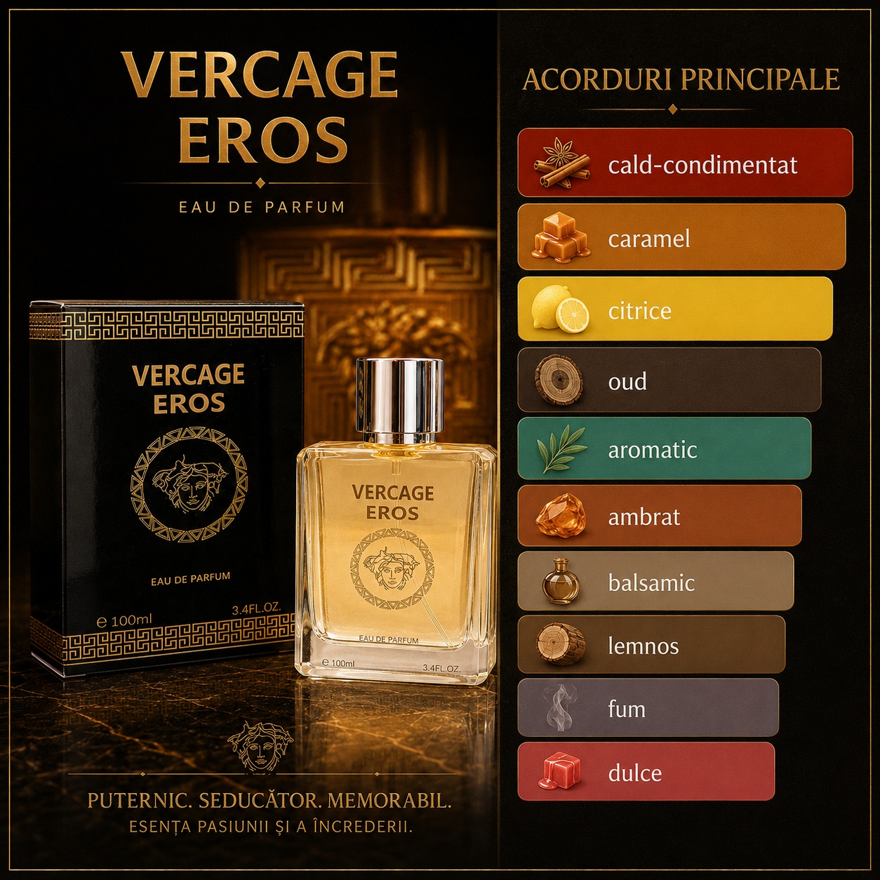 Acorduri principale Vercage Eros cald condimentat caramel citrice oud aromatic ambrat