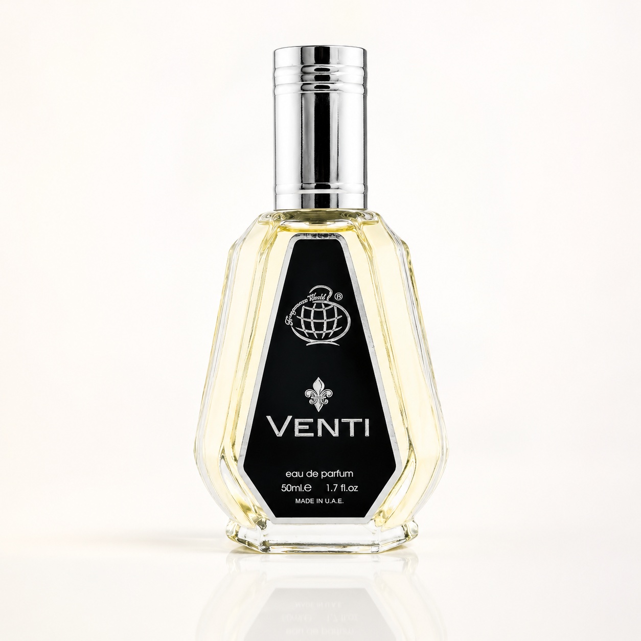 Sticlă parfum Venti Fragrance World 50 ml cu etichetă neagră și capac argintiu elegant