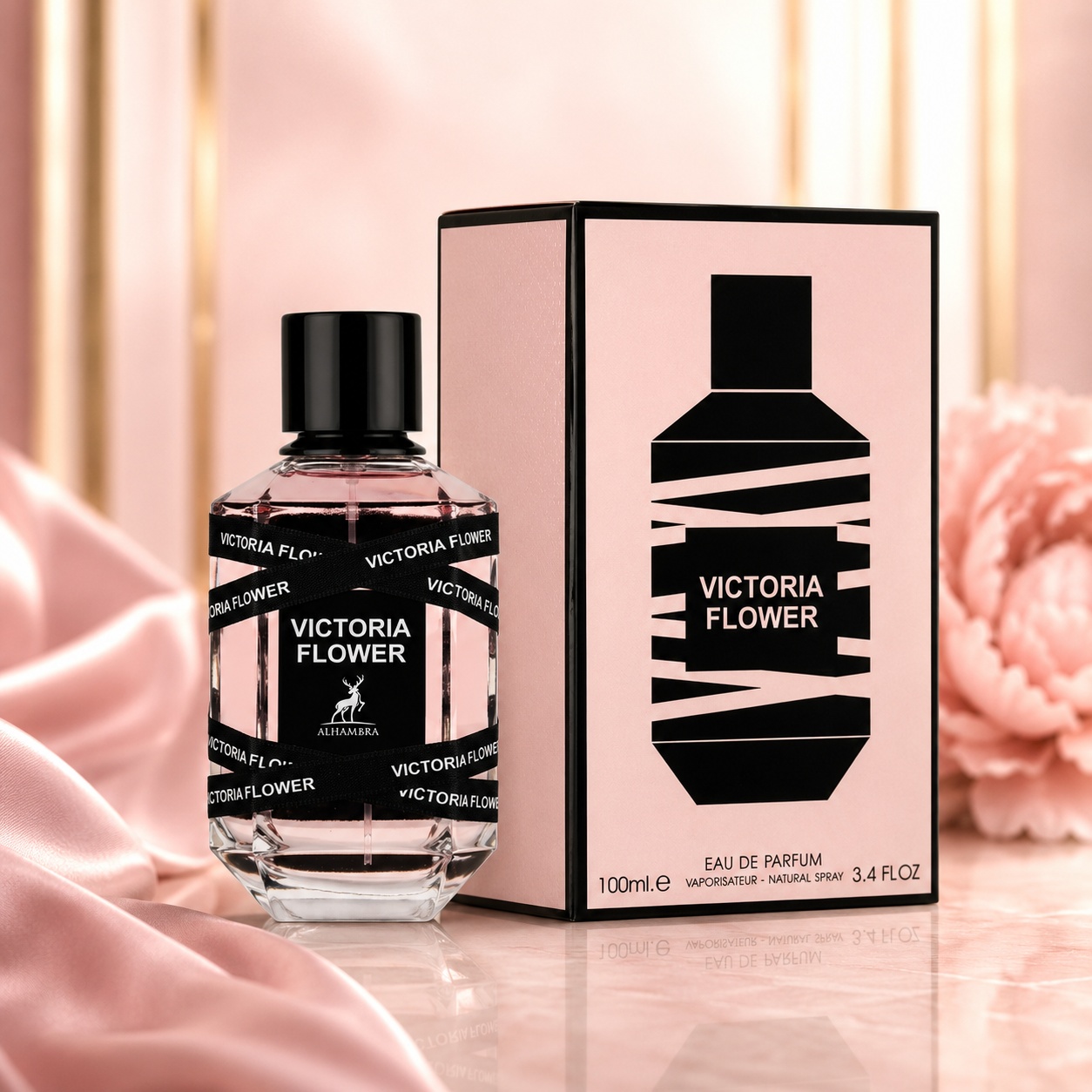 Parfum Arăbesc Victoria Flower Maison Alhambra EDP 100 ml Damă cu flacon roz pudrat, panglici negre și cutie premium