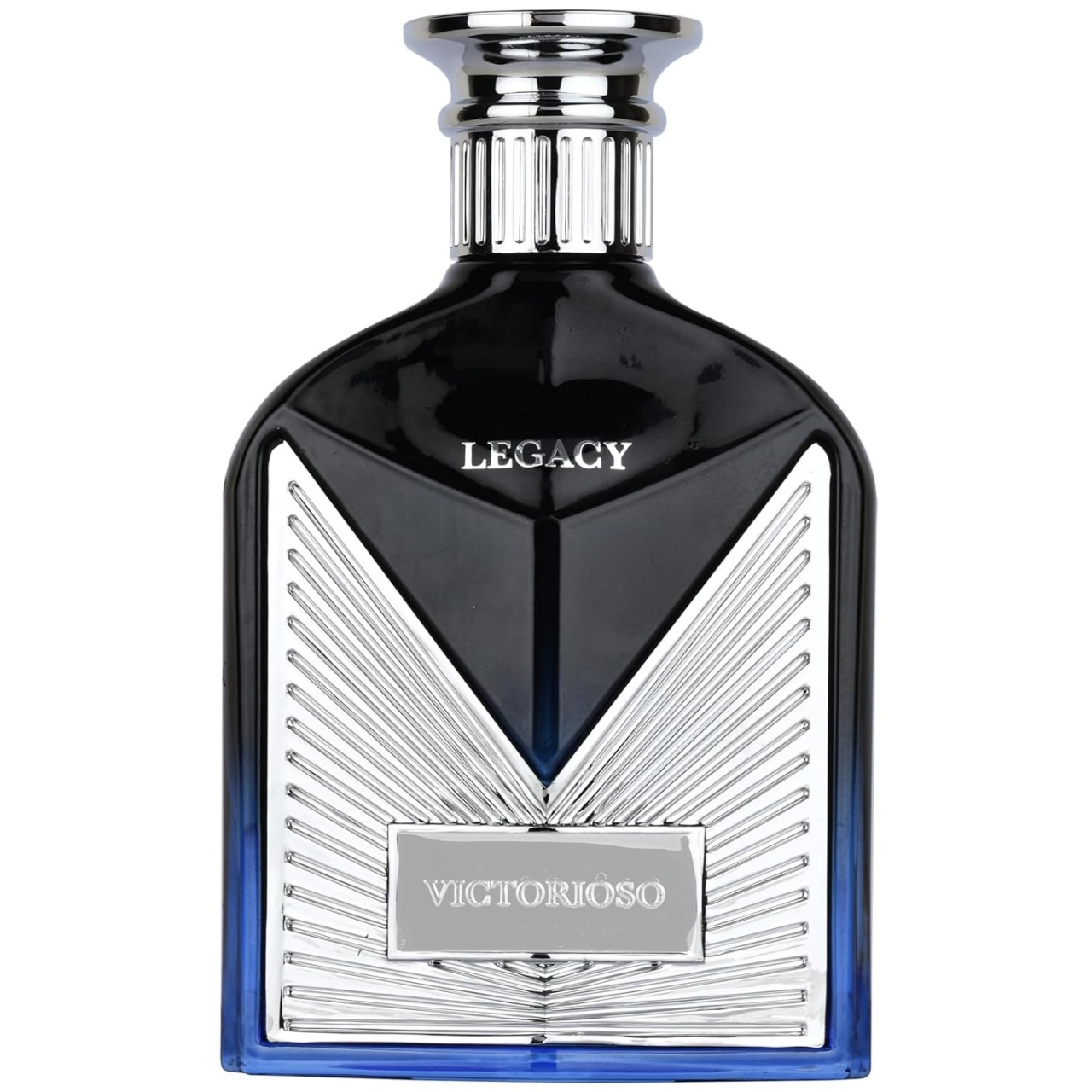 Flacon Victorioso Legacy Maison Alhambra 100 ml negru albastru cu detalii argintii și capac cromat