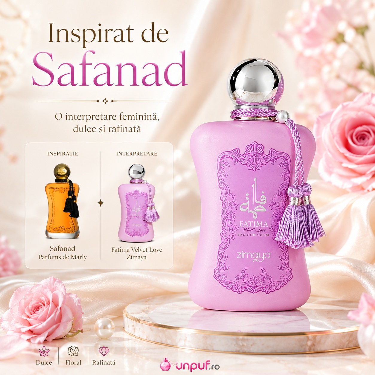 Zimaya Fatima Velvet Love inspirat de Safanad parfum feminin dulce floral și rafinat