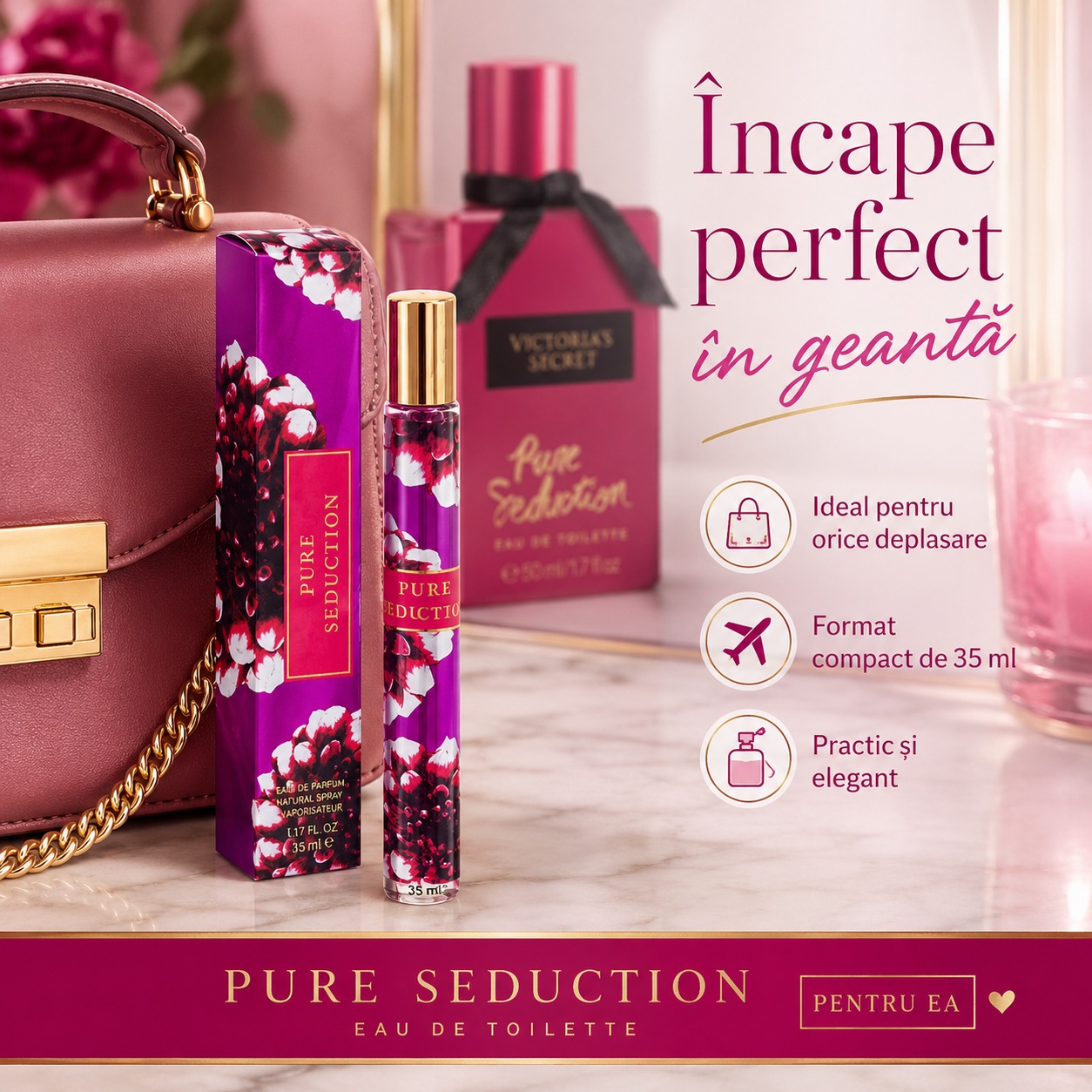 Pure Seduction 35 ml &icirc;ncape perfect &icirc;n geantă format compact ideal pentru deplasare