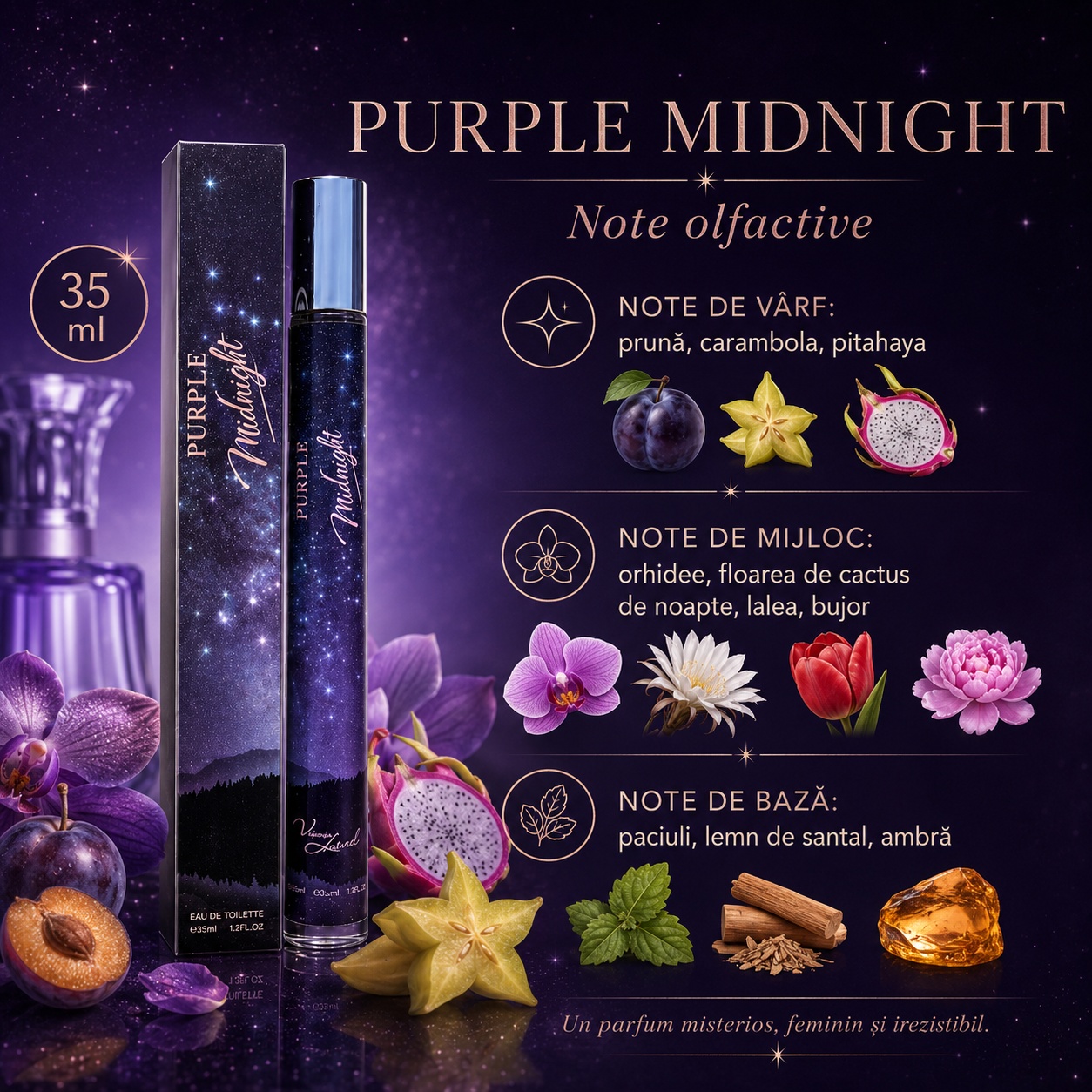 Note olfactive Purple Midnight prună carambola pitahaya orhidee floarea de cactus de noapte lalea bujor paciuli lemn de santal ambră