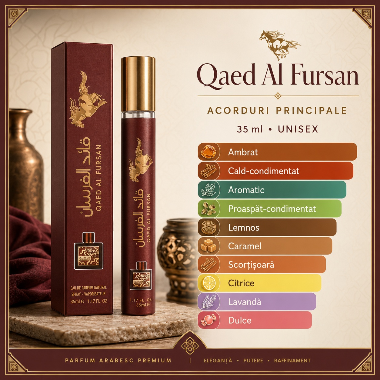 Acorduri principale Qaed Al Fursan ambrat cald condimentat aromatic lemnos caramel scorțișoară citrice lavandă dulce