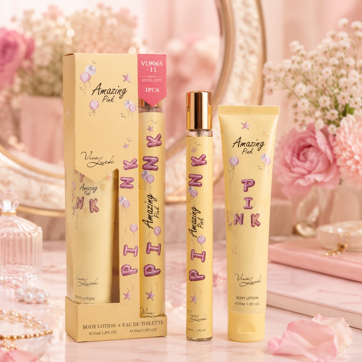 Amazing Pink parfum și body lotion cu aromă floral fructată, citrică și pudrată