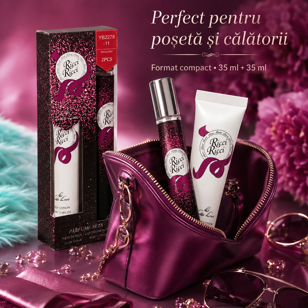 Set Ricci Ricci damă cu apă de toaletă și body lotion 35 ml, format compact pentru geantă
