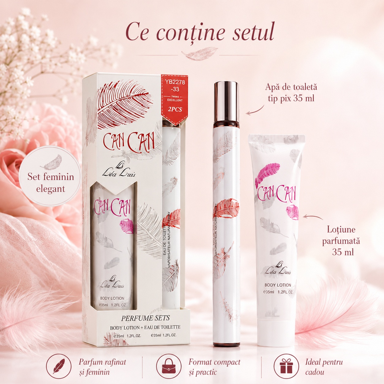 Set Can Can conține apă de toaletă tip pix 35 ml și loțiune parfumată 35 ml, ideal pentru cadou