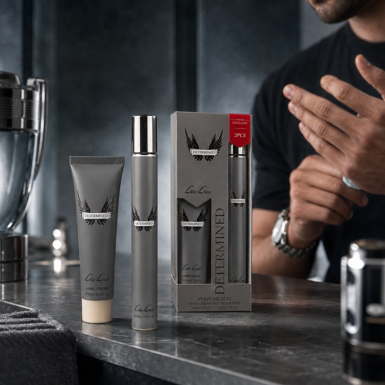 Set Determined For Man 35 ml plus 35 ml, parfum și cremă de m&acirc;ini pentru bărbat, perfect pentru deplasări