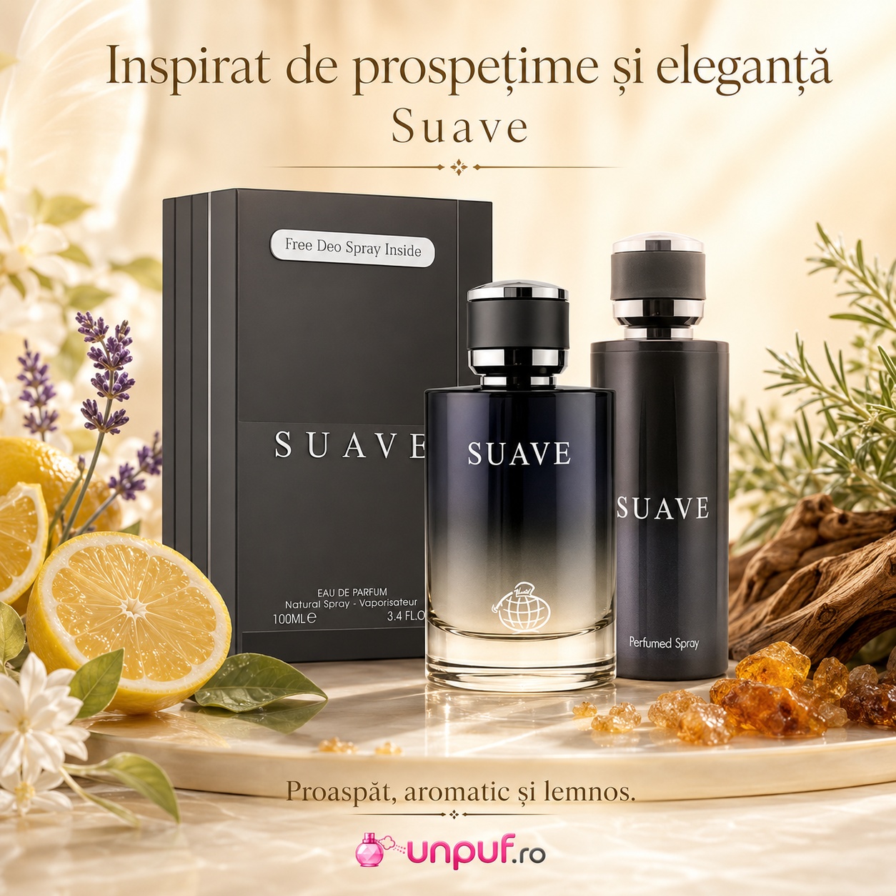 Fragrance World Suave inspirat de prospețime și eleganță, parfum masculin aromatic și lemnos