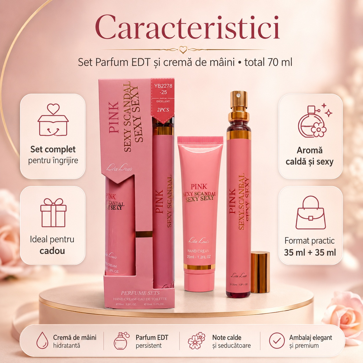 Caracteristici Set Pink Sexy Scandal aromă caldă sexy cremă de m&acirc;ini parfumată și ambalaj elegant