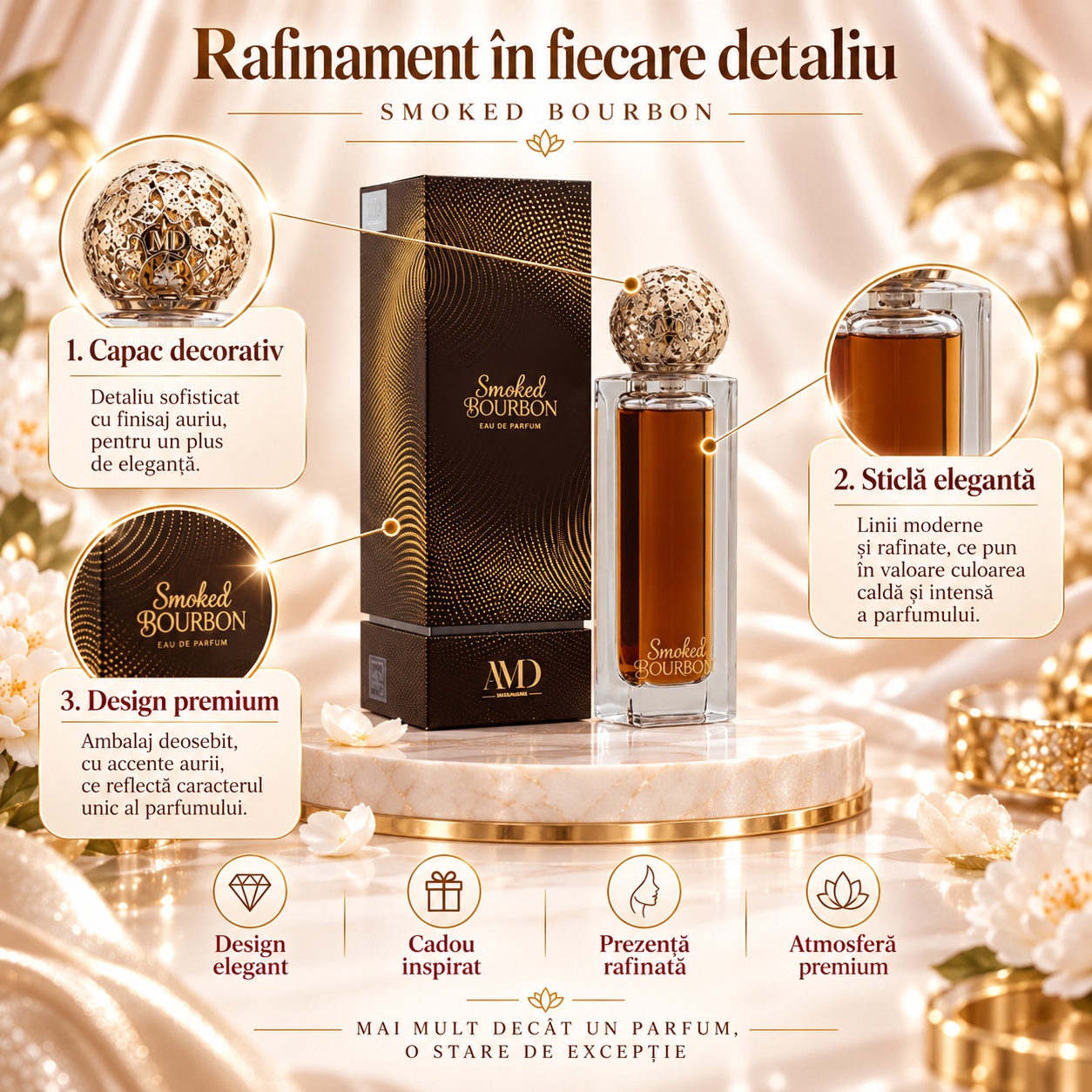 Prezentare Smoked Bourbon AMD Perfumes cu flacon și ambalaj