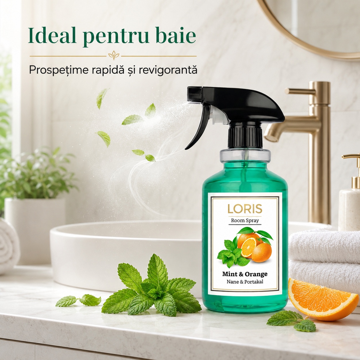 Spray Odorizant Loris Pafum Mint și Orange ideal pentru baie prospețime rapidă și revigorantă