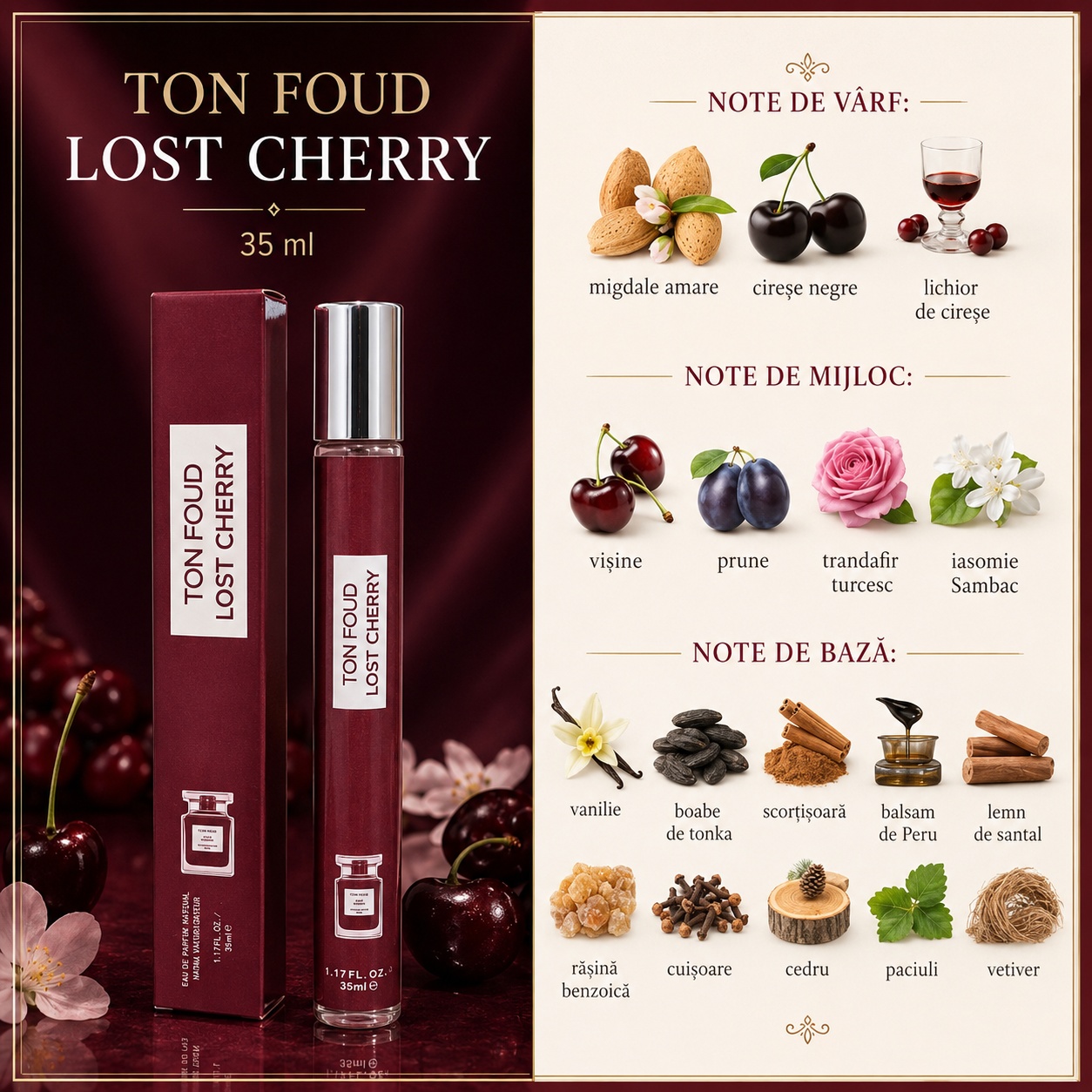 Note olfactive Ton Foud Lost Cherry migdale amare cireșe negre lichior de cireșe vișine prune trandafir turcesc iasomie Sambac vanilie tonka scorțișoară balsam de Peru lemn de santal