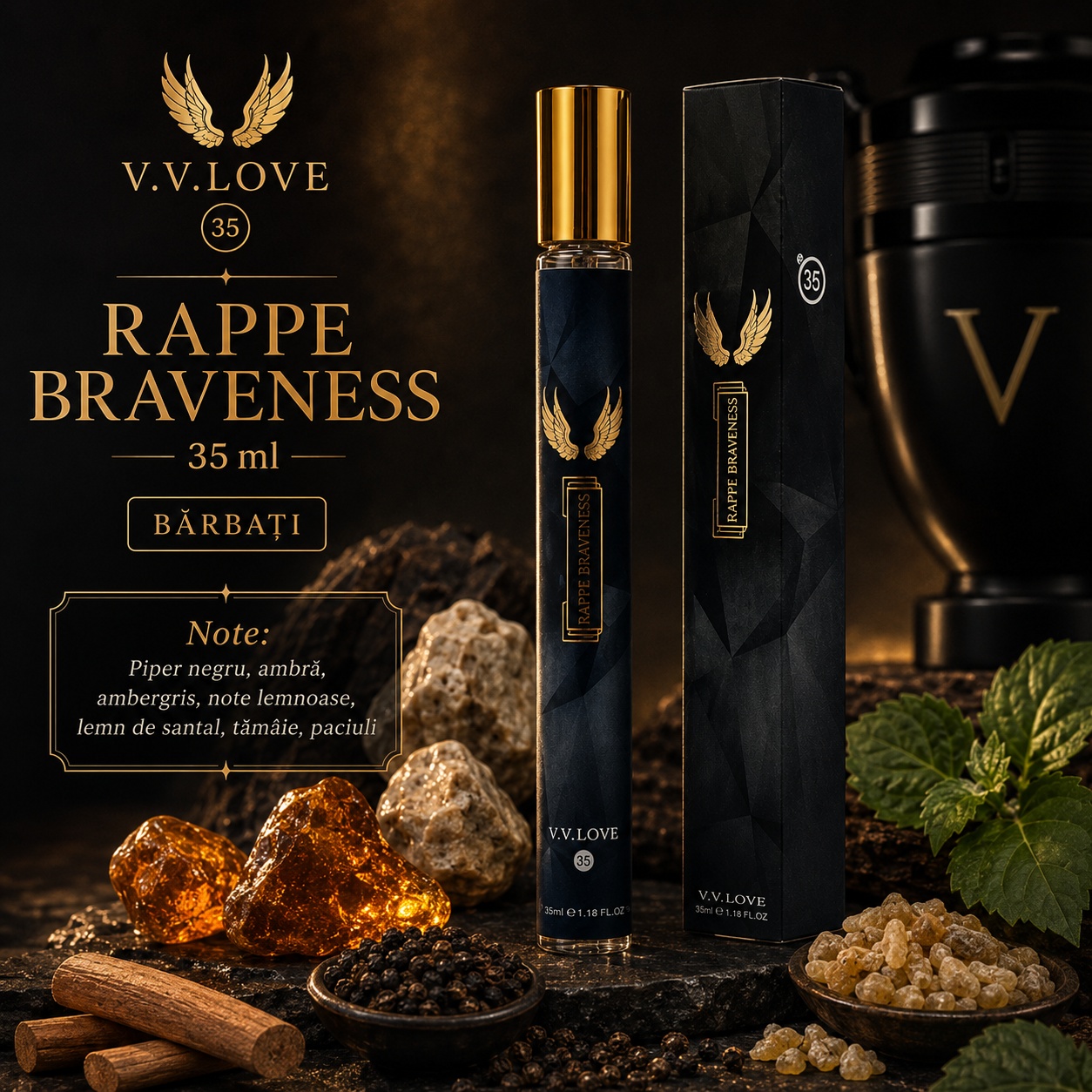 Note olfactive parfum Rappe Braveness piper negru ambră ambergris note lemnoase lemn de santal tăm&acirc;ie paciuli