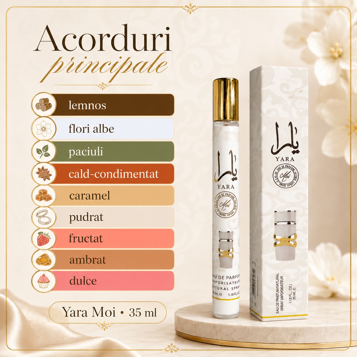 Acorduri principale Yara Moi lemnos flori albe paciuli caramel pudrat fructat ambrat dulce