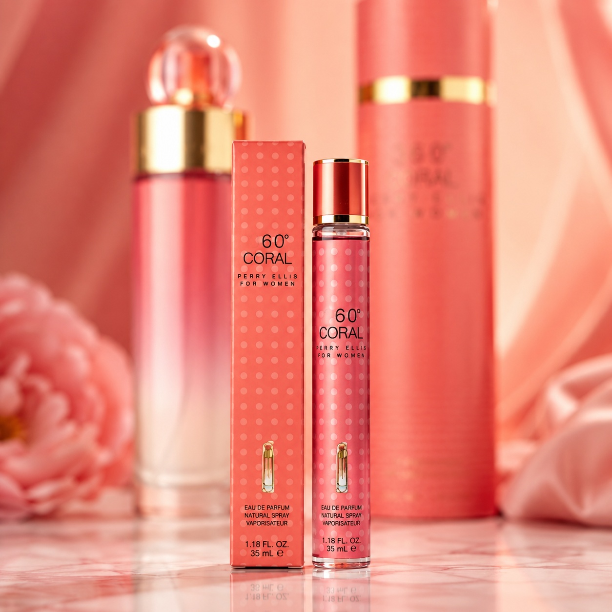 Parfum 60 Coral For Women 35 ml damă cu ambalaj coral și flacon elegant