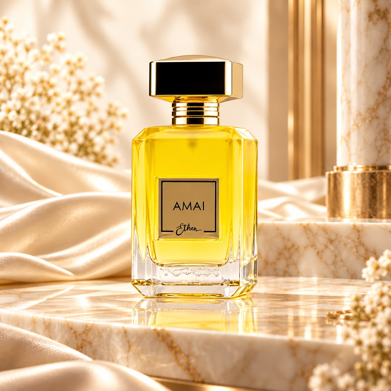 Flacon Amai Ether x Marhaba parfum unisex 100 ml cu lichid auriu și capac negru auriu elegant