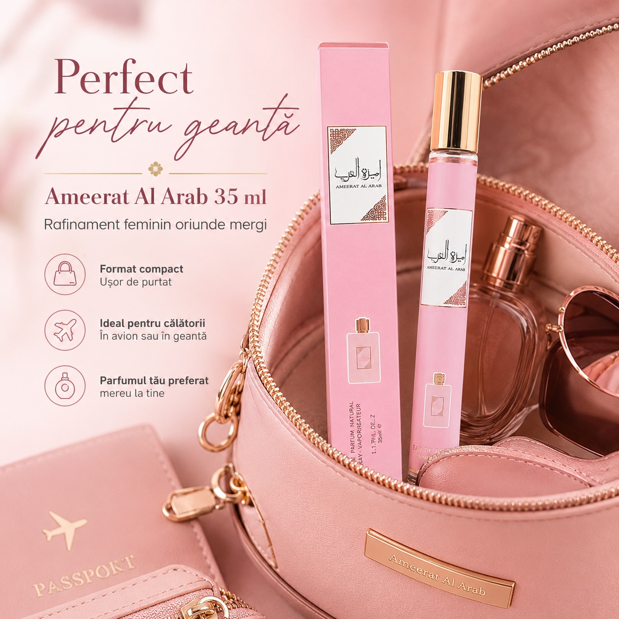 Ameerat Al Arab 35 ml perfect pentru geantă, format compact și ușor de purtat oriunde
