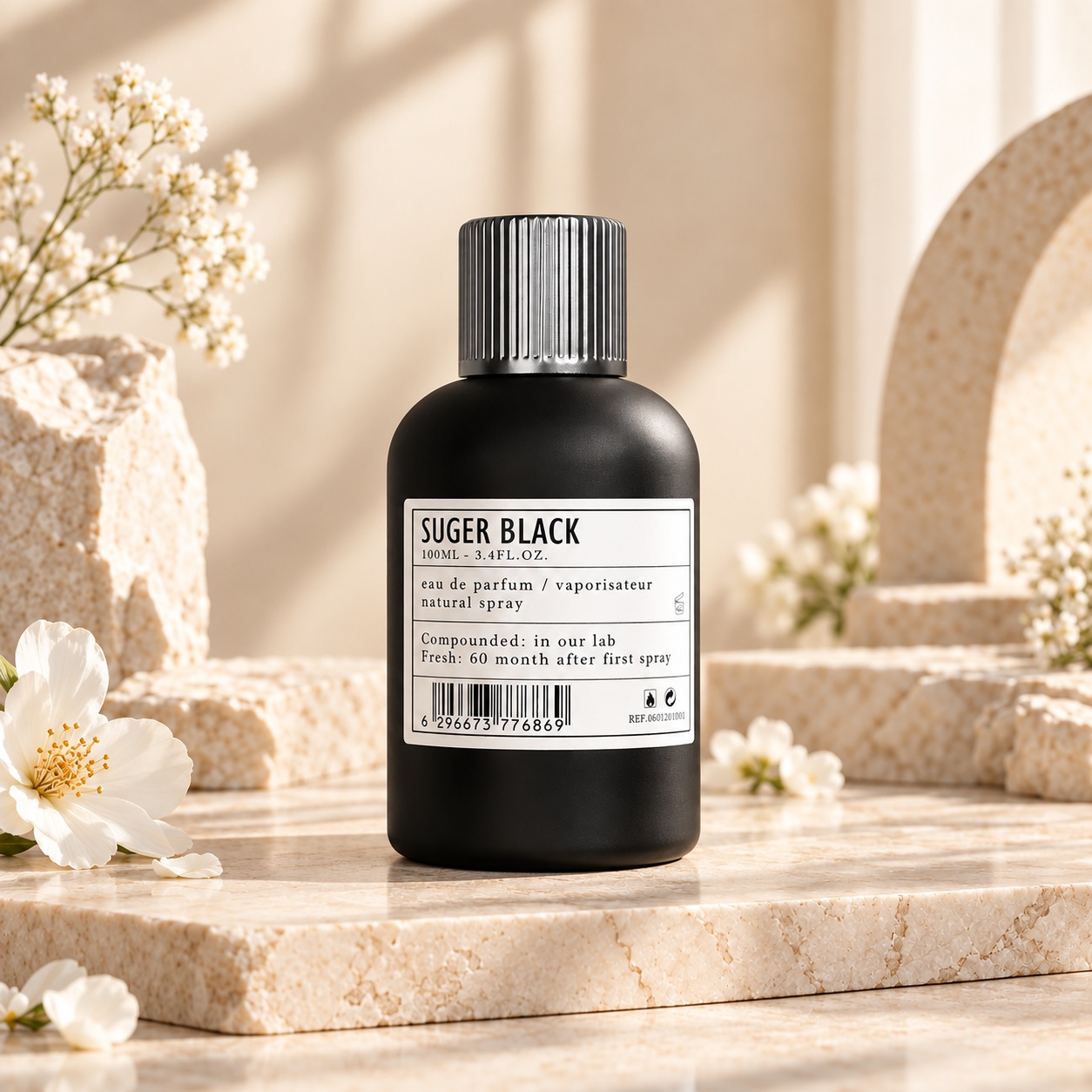 Flacon Aro-Fac Black Suger parfum unisex 100 ml cu sticlă neagră mată și capac metalic