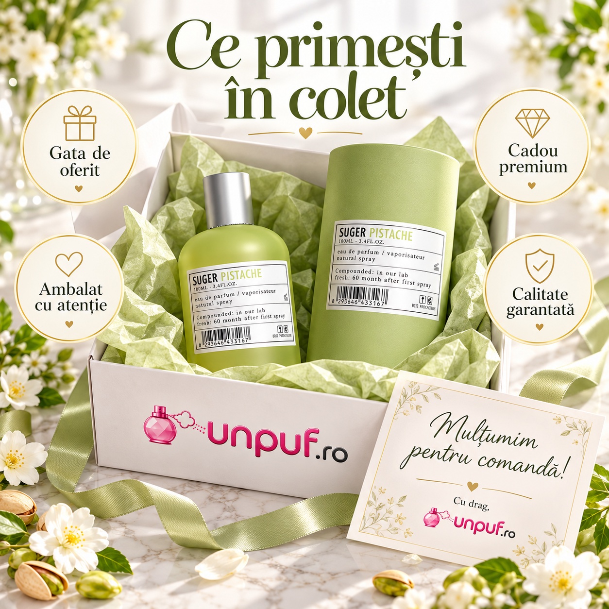 Ce primești în colet Aro-Fac Pistache Suger Eau de Parfum 100 ml ambalat premium pentru cadou