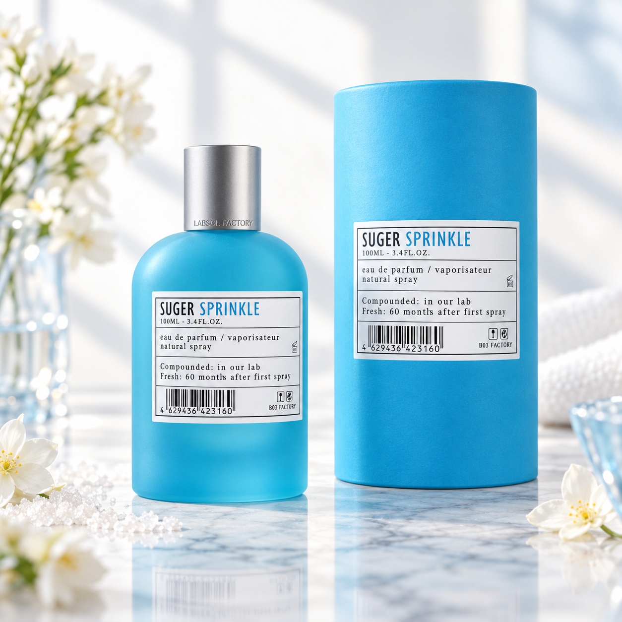 Aro-Fac Sprinkle Suger Eau de Parfum 100 ml parfum unisex aromatic lemnos cu flacon albastru și cutie cilindrică premium
