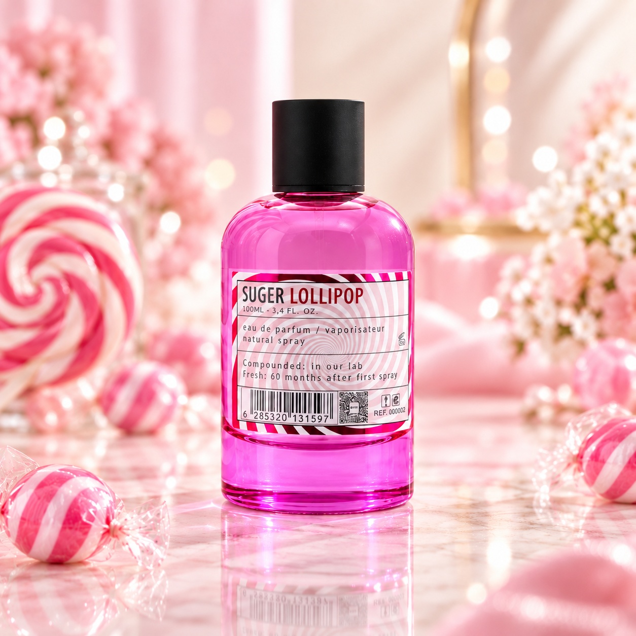 Flacon Aro-Fac Suger Lollipop parfum de damă 100 ml cu lichid roz intens și capac negru