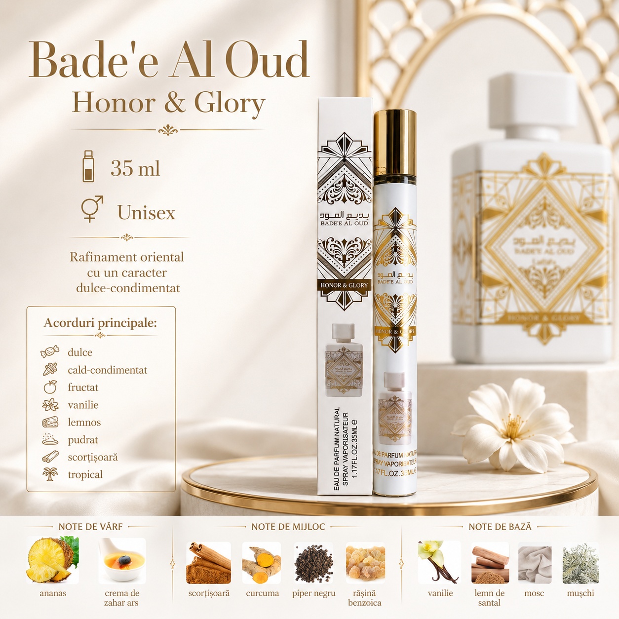 Badee Al Oud Honor and Glory 35 ml acorduri principale dulce cald condimentat fructat vanilie lemnos pudrat scorțișoară tropical