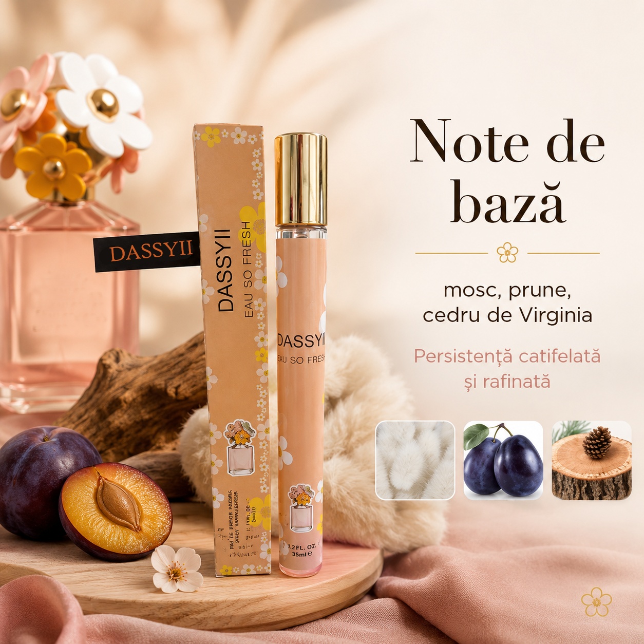 Note de bază Dassyii Eau So Fresh mosc prune și cedru de Virginia persistență catifelată și rafinată